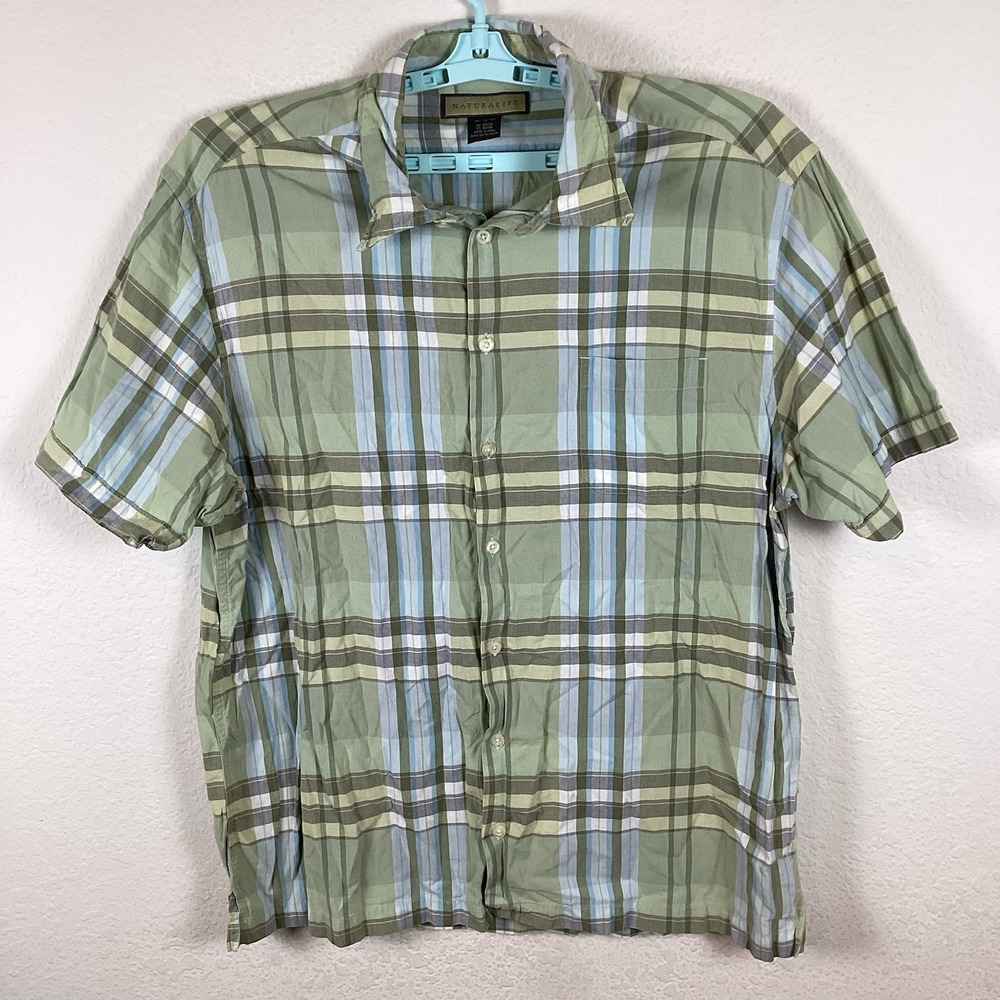 NATURALIFE Mens Button Up Shirt Sz XL Soft Plaid Short Sleeve Excellent